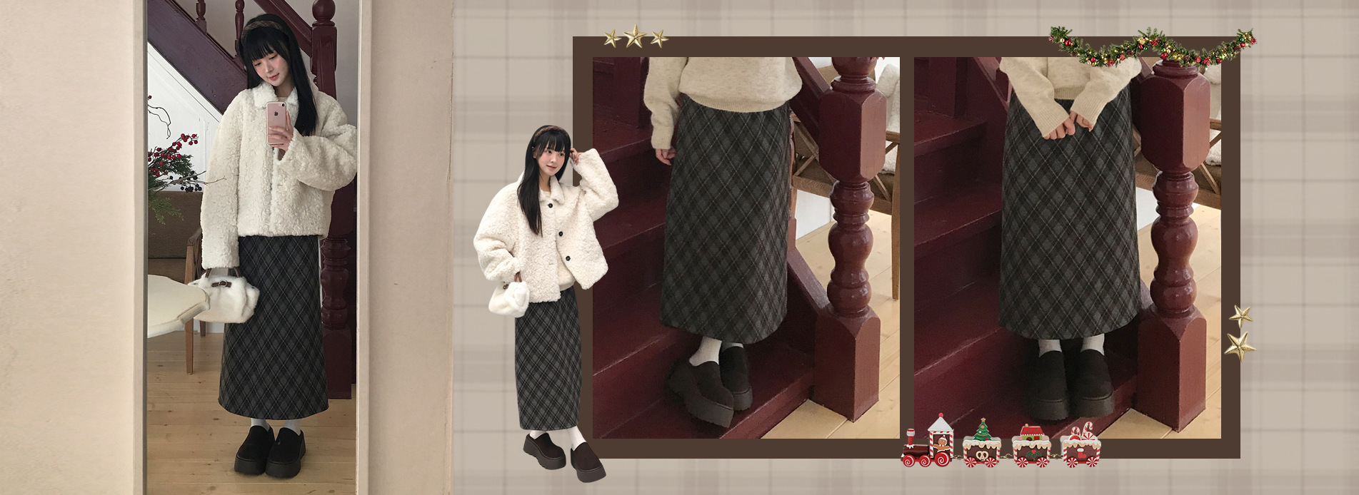 홀리체크융기모뒷밴딩롱스커트