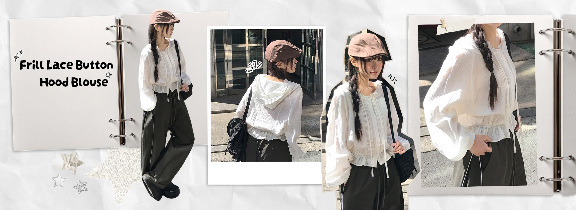 프릴레이스버튼후드블라우스