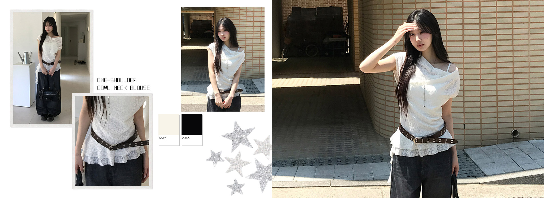 원숄더언발카울넥블라우스