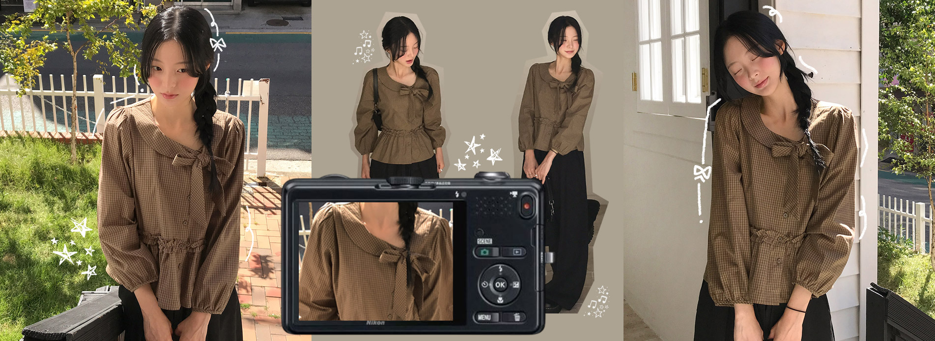 체크리본프릴긴팔블라우스