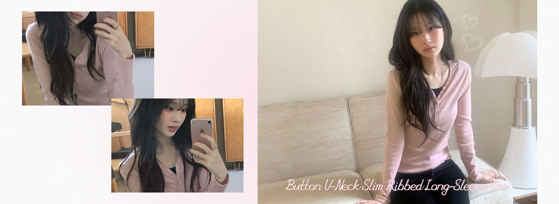 버튼V넥슬림골지긴팔티