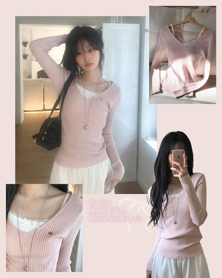 팬던트양V골지슬림니트티